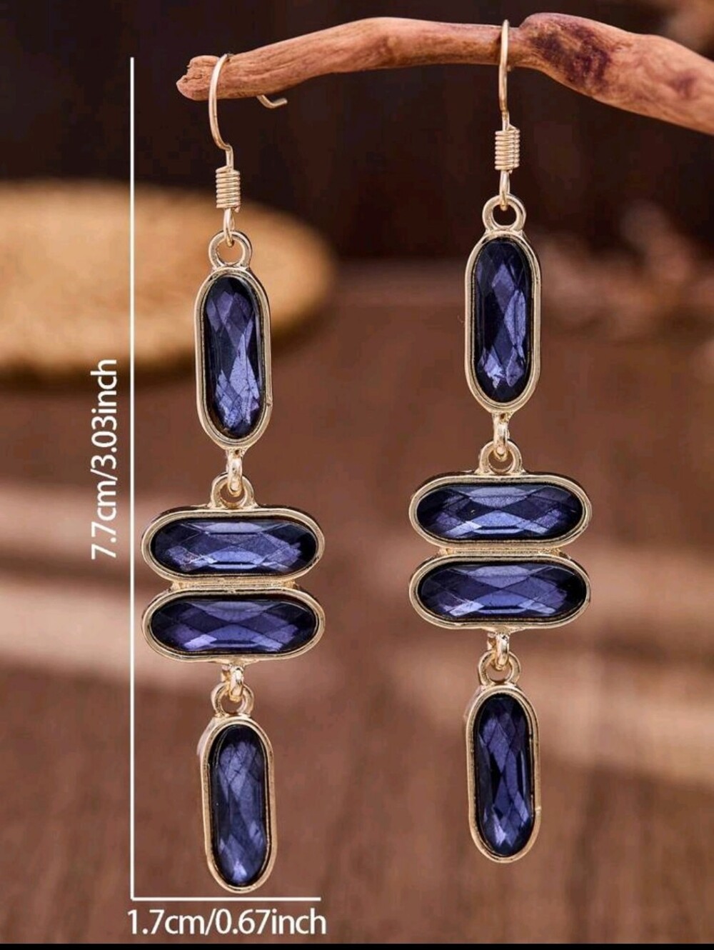 BRAND NEW ** Gold Drop Earrings with Deep Blue Faceted Stones - Picture 2 of 2